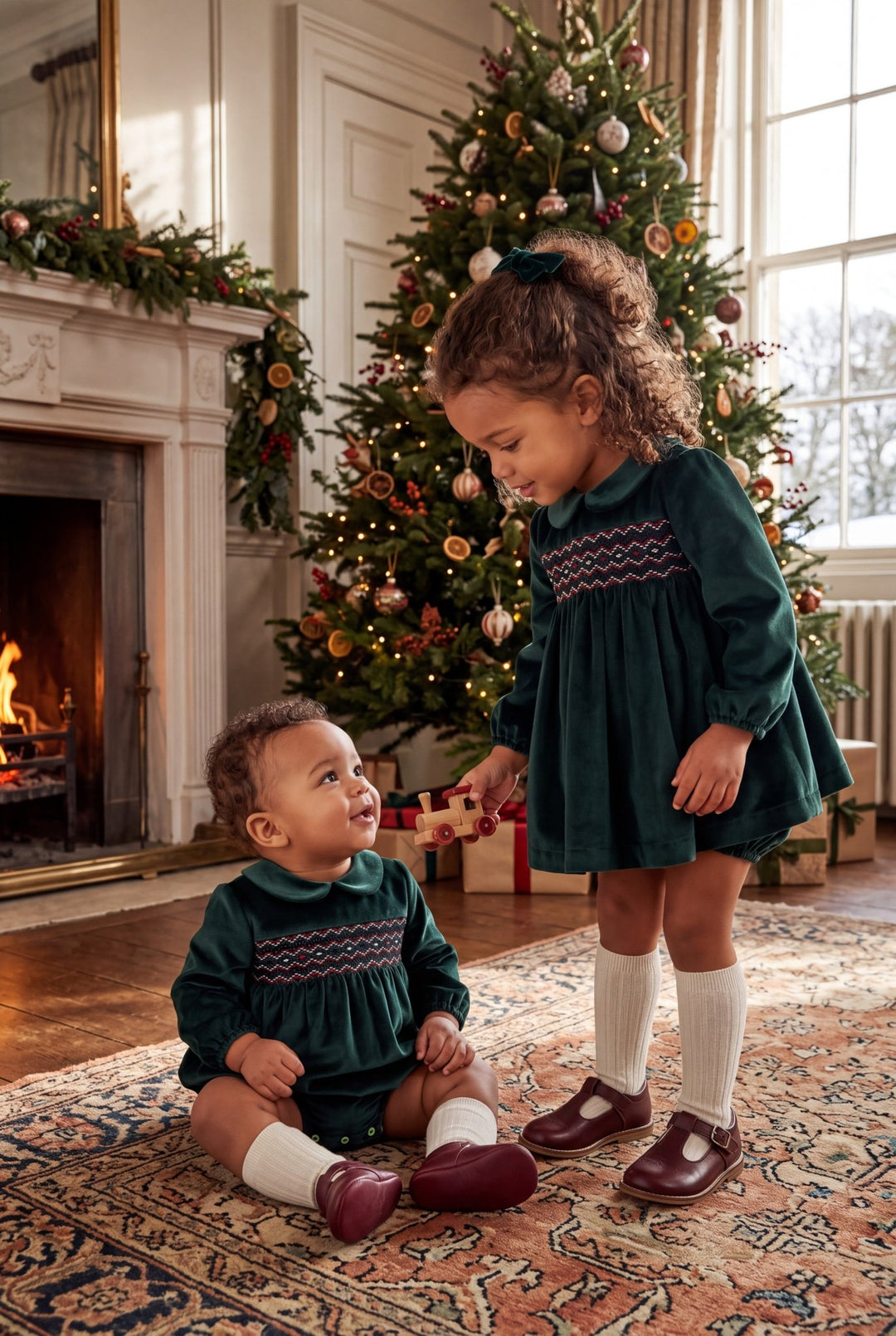 Martín Aranda "Dorothy" Bottle Green Velvet Smocked Dress & Bloomers - Millie and John