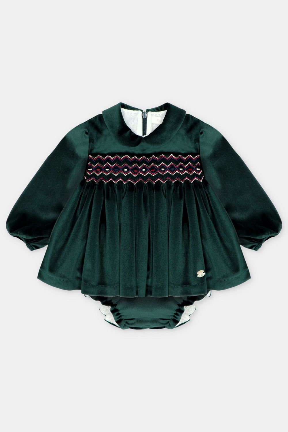 Martín Aranda "Dorothy" Bottle Green Velvet Smocked Dress & Bloomers - Millie and John