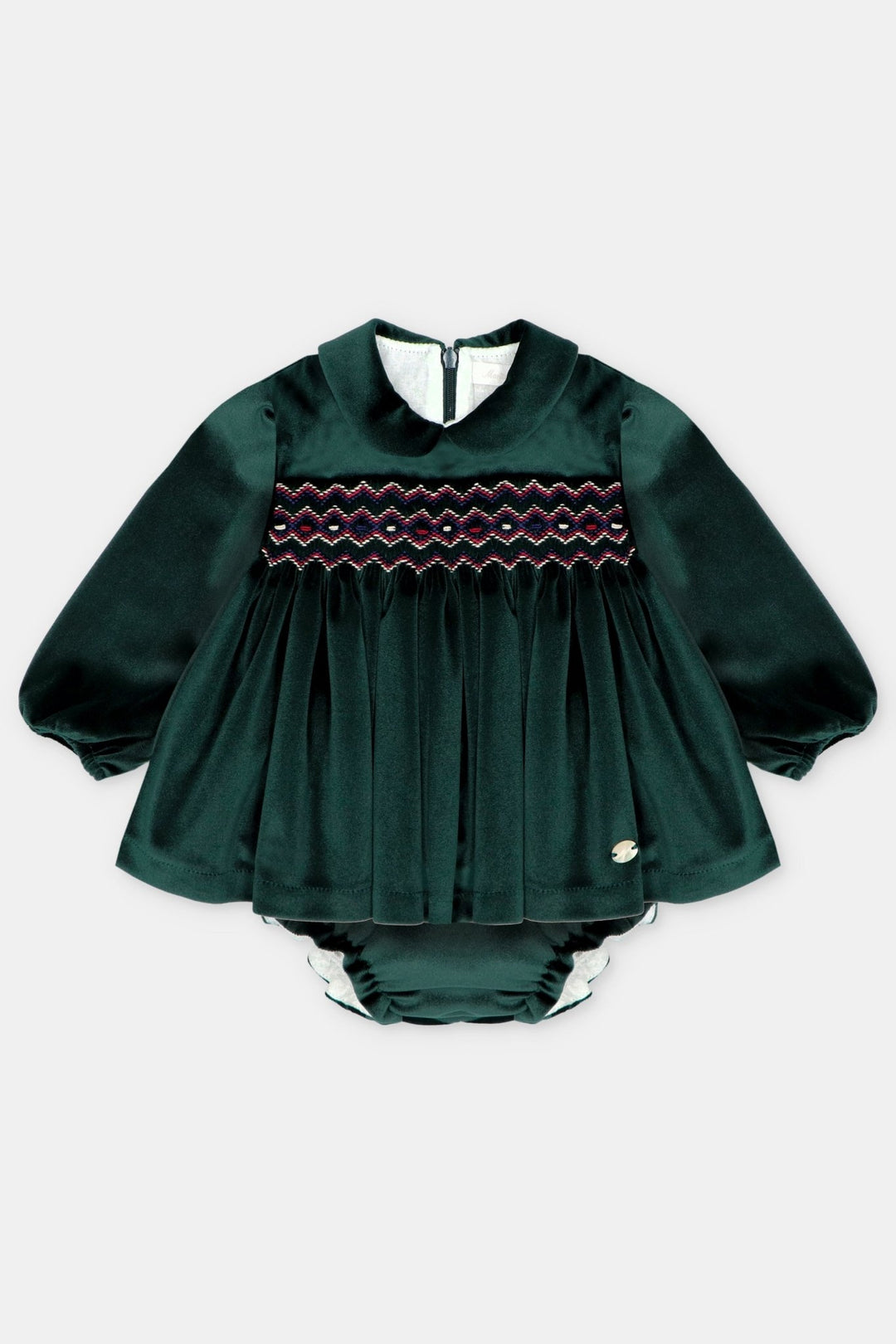 Martín Aranda "Dorothy" Bottle Green Velvet Smocked Dress &amp; Bloomers - Millie and John