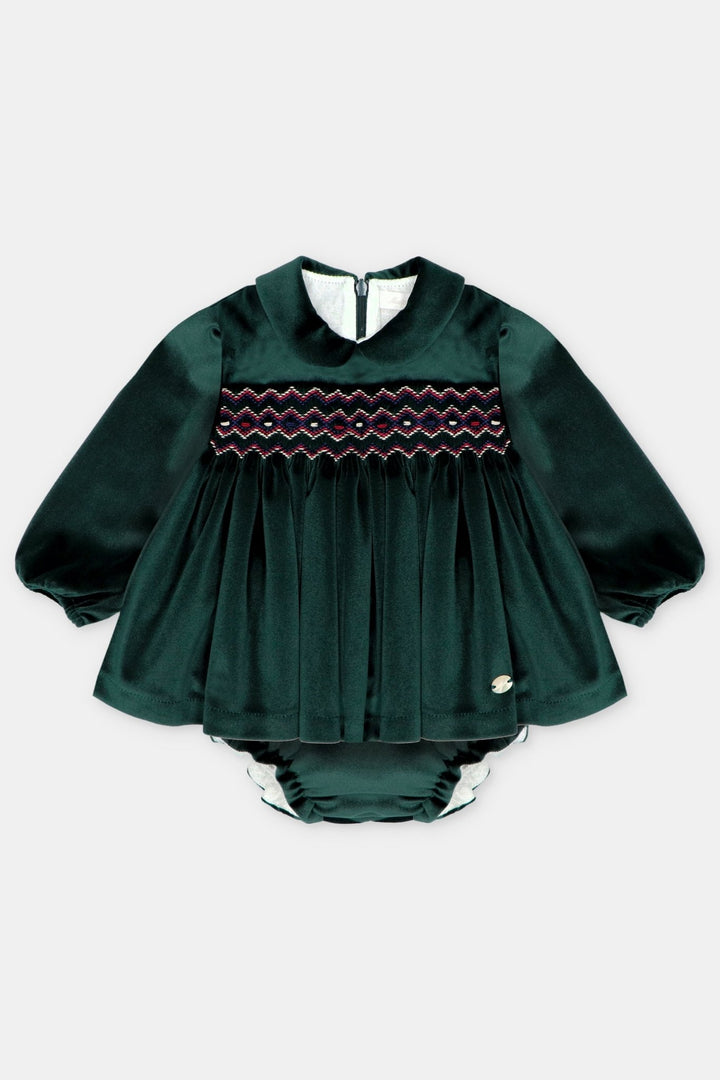 Martín Aranda "Dorothy" Bottle Green Velvet Smocked Dress &amp; Bloomers - Millie and John