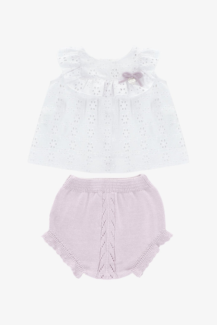 Martín Aranda "Elia" White Broderie Anglaise Blouse & Lilac Knit Bloomers - Millie and John