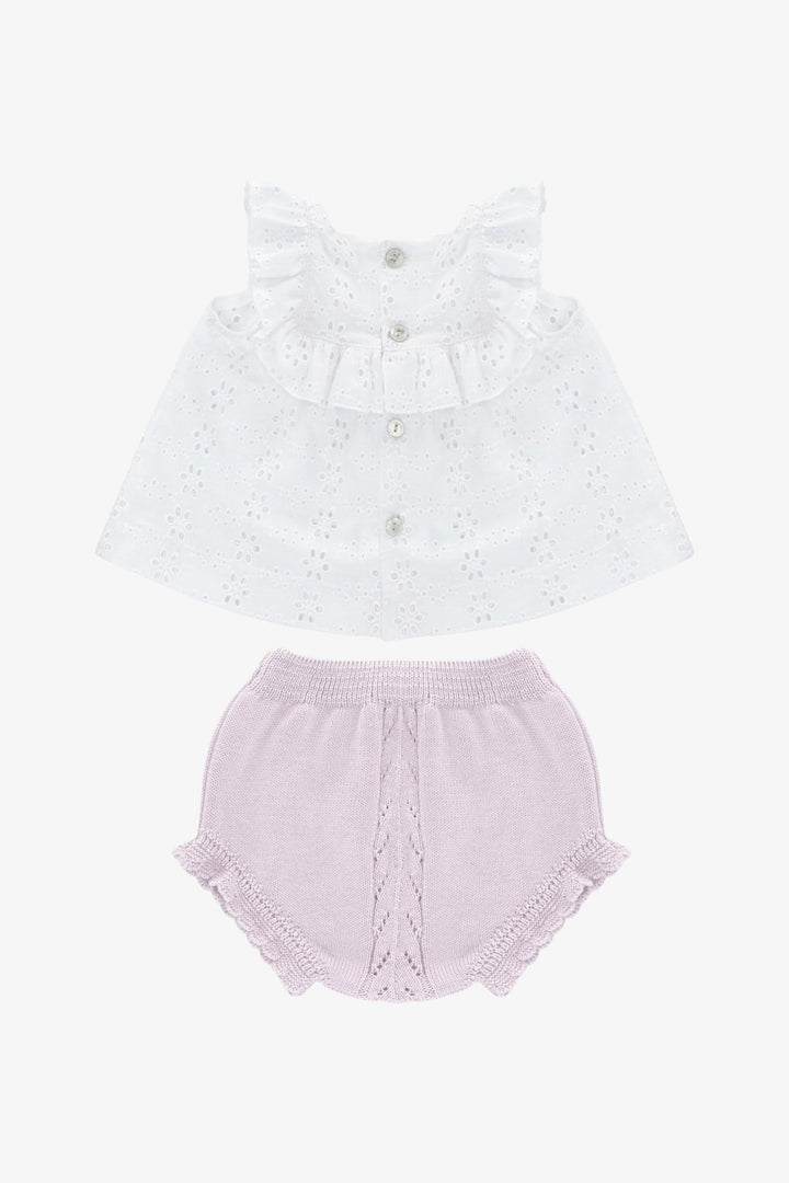 Martín Aranda "Elia" White Broderie Anglaise Blouse & Lilac Knit Bloomers - Millie and John