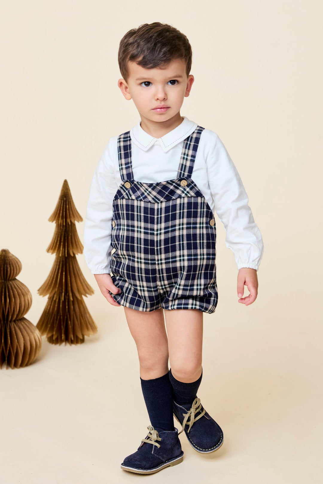 Martín Aranda "Ezra" Shirt & Navy Tartan Dungaree Romper - Millie and John