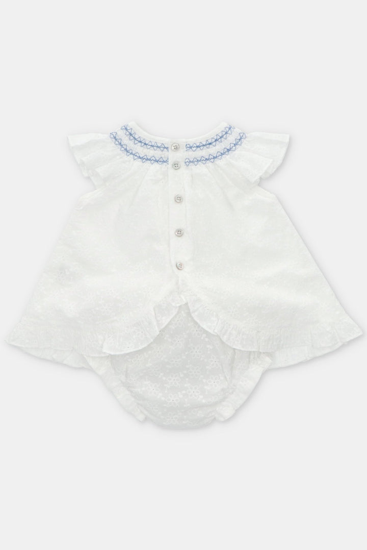 Martín Aranda "Fiorella" White Broderie Anglaise Smocked Dress & Bloomers - Millie and John