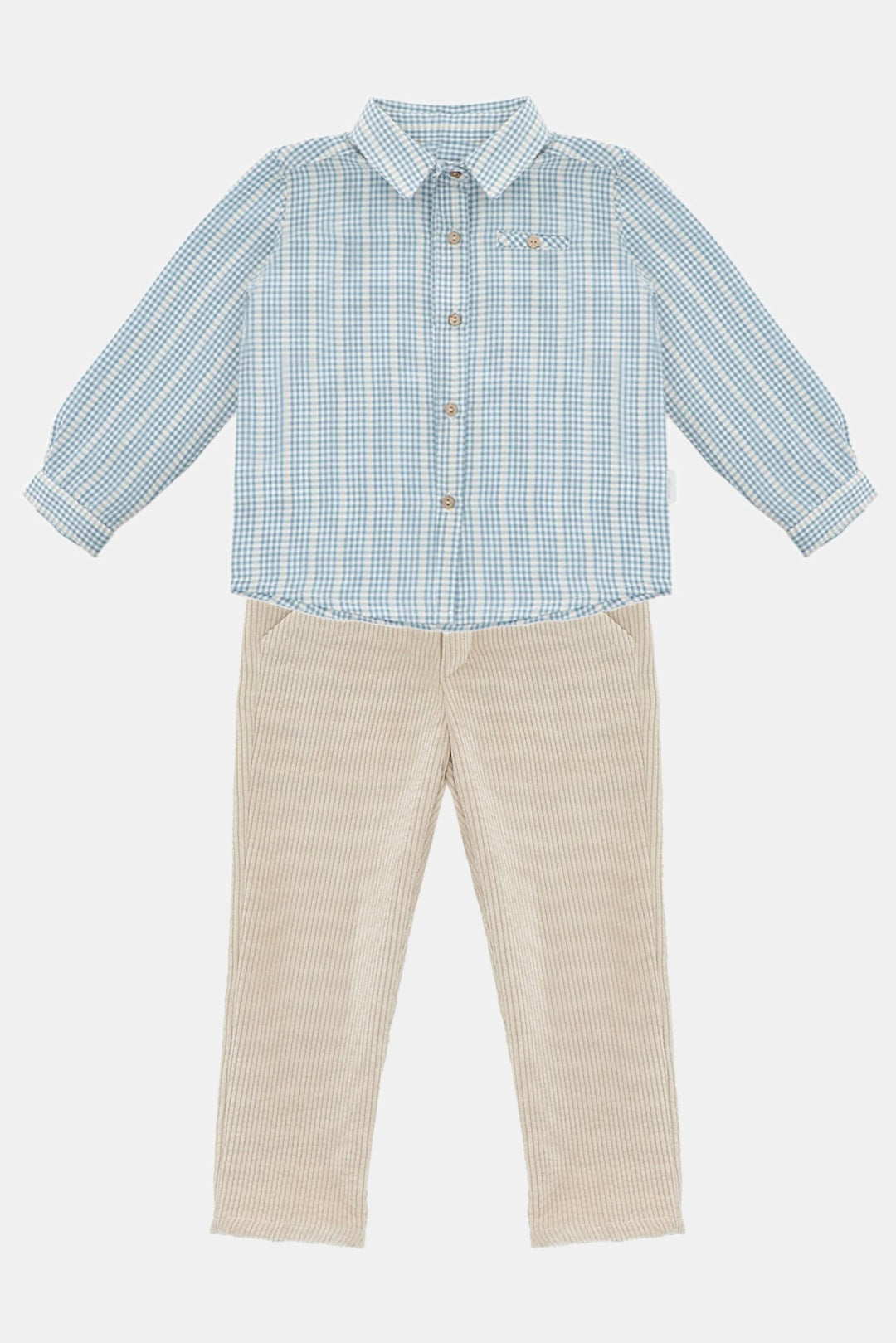 Martín Aranda "Joshua" Blue Check Shirt & Oatmeal Cord Trousers - Millie and John