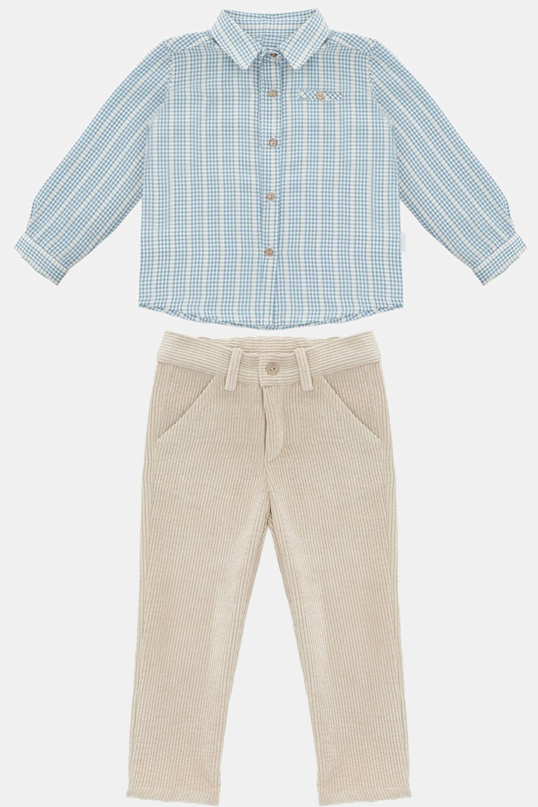 Martín Aranda "Joshua" Blue Check Shirt & Oatmeal Cord Trousers - Millie and John