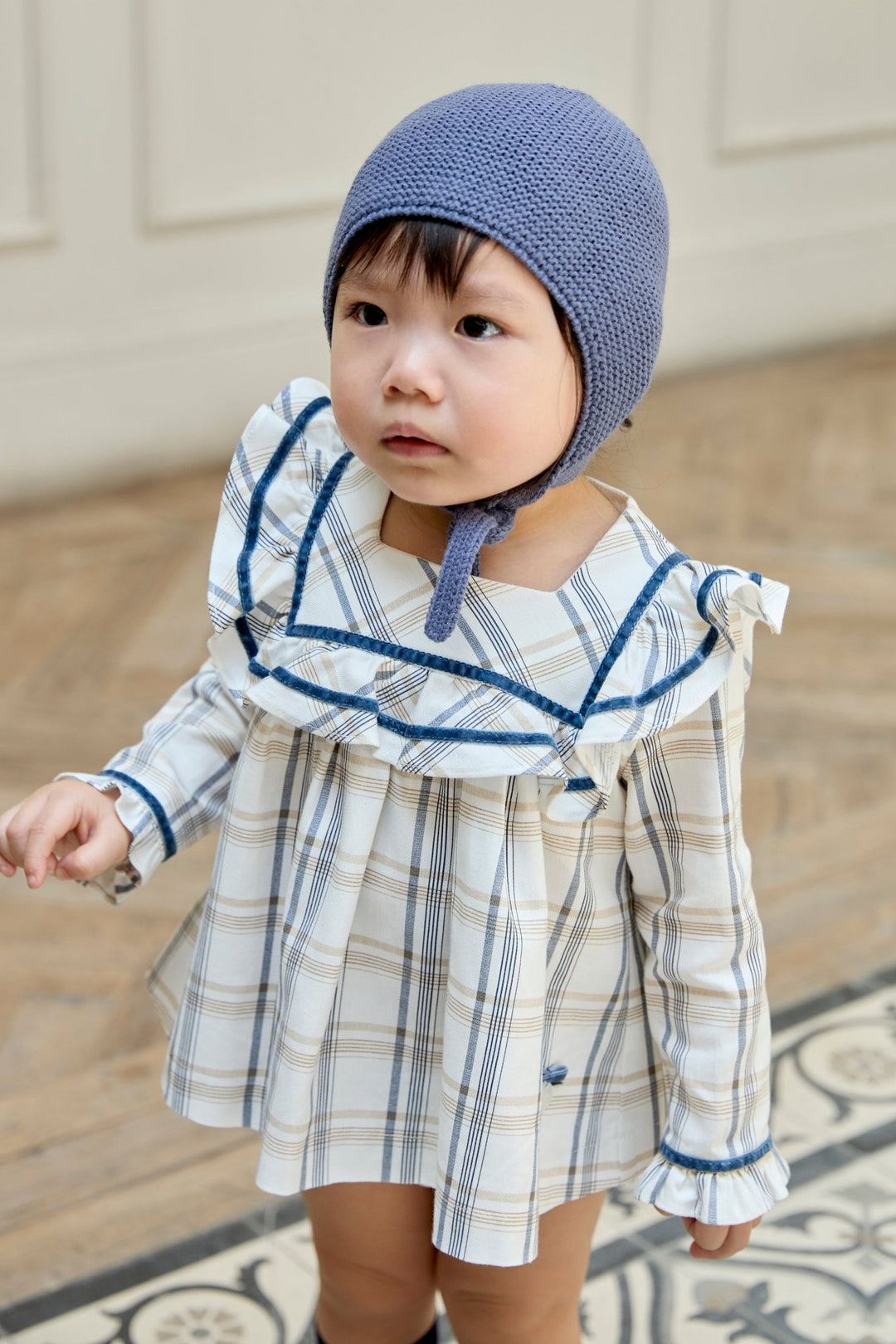 Martín Aranda "Maribel" Dusky Blue Checked Dress & Bloomers - Millie and John