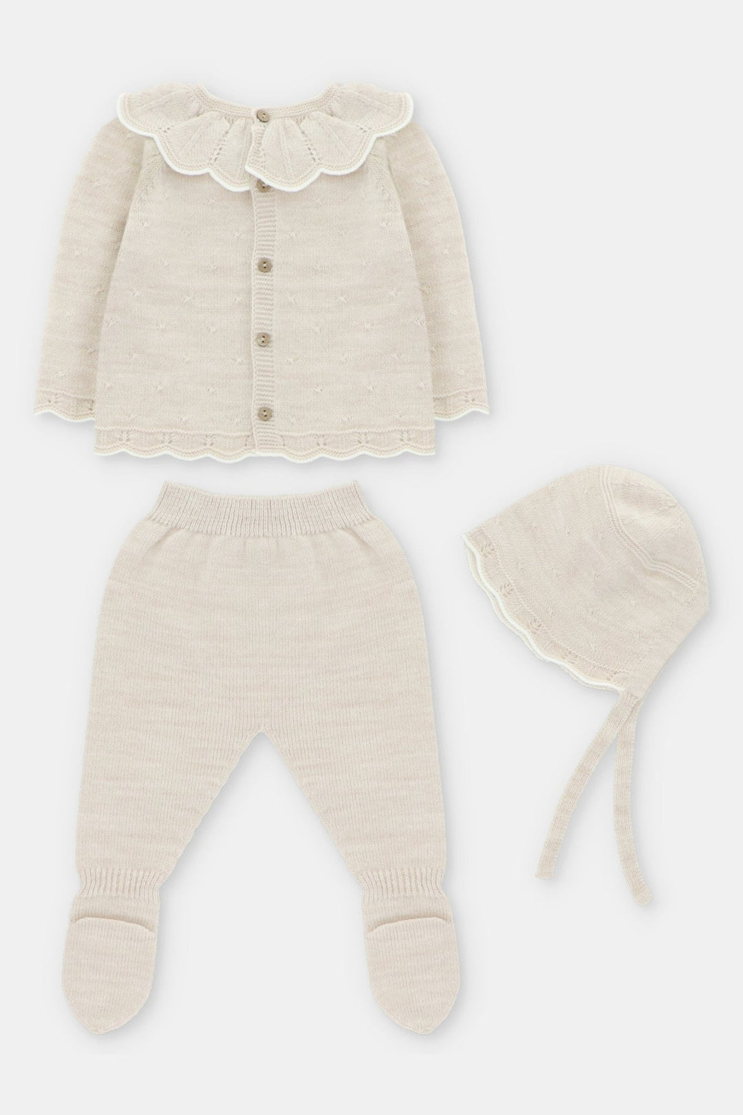 Martín Aranda "Mariposa" Beige Knitted Top, Leggings & Bonnet - Millie and John