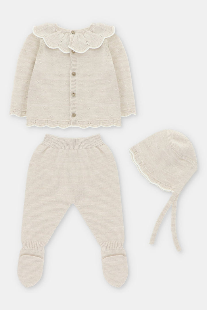 Martín Aranda "Mariposa" Beige Knitted Top, Leggings & Bonnet - Millie and John
