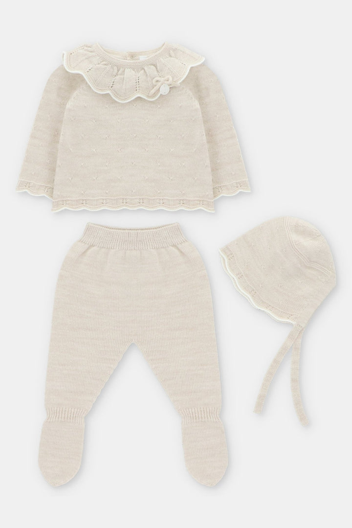 Martín Aranda "Mariposa" Beige Knitted Top, Leggings & Bonnet - Millie and John