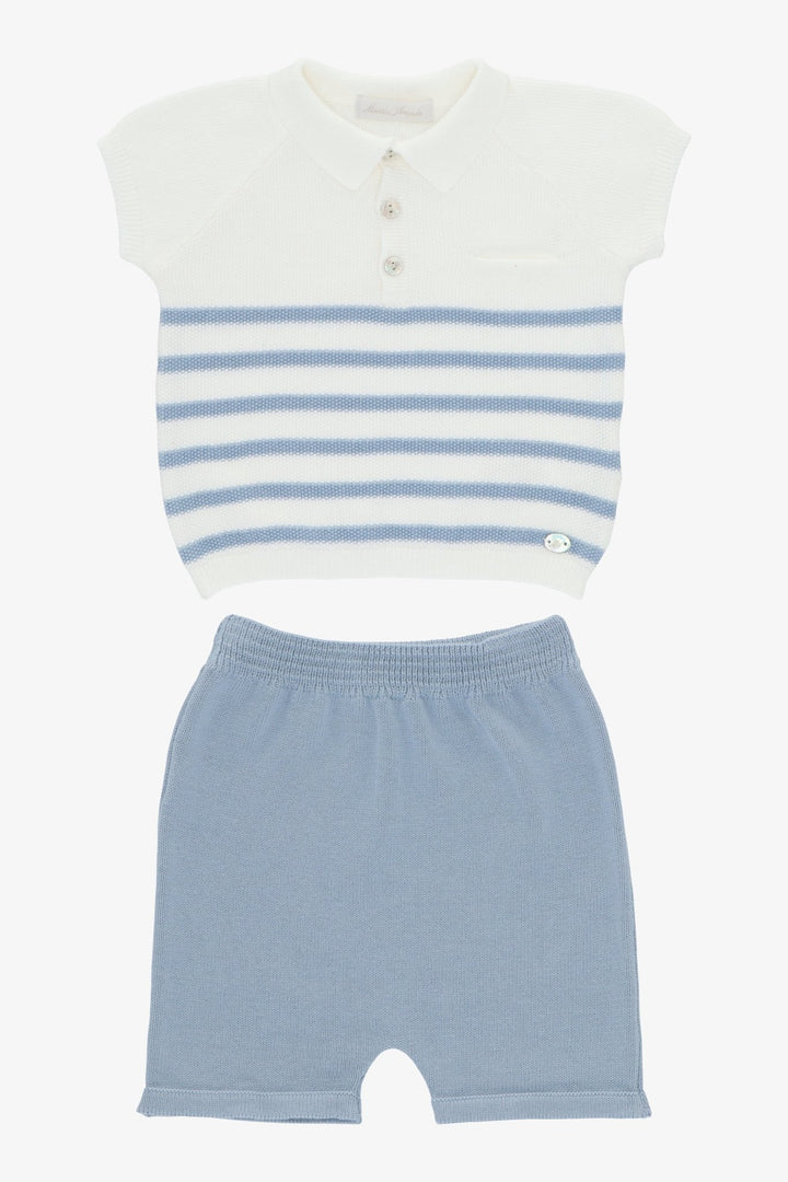 Martín Aranda "Milo" Dusky Blue Striped Knit Polo Shirt &amp; Shorts - Millie and John