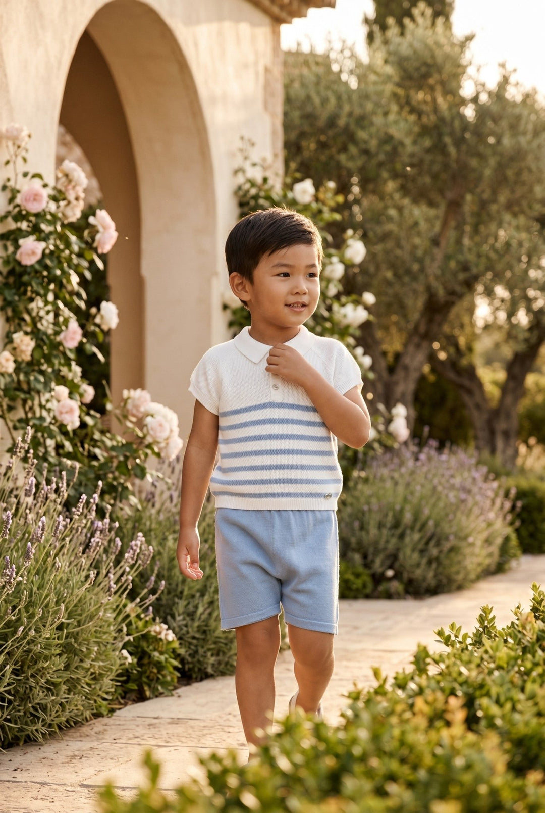 Martín Aranda "Milo" Dusky Blue Striped Knit Polo Shirt & Shorts - Millie and John