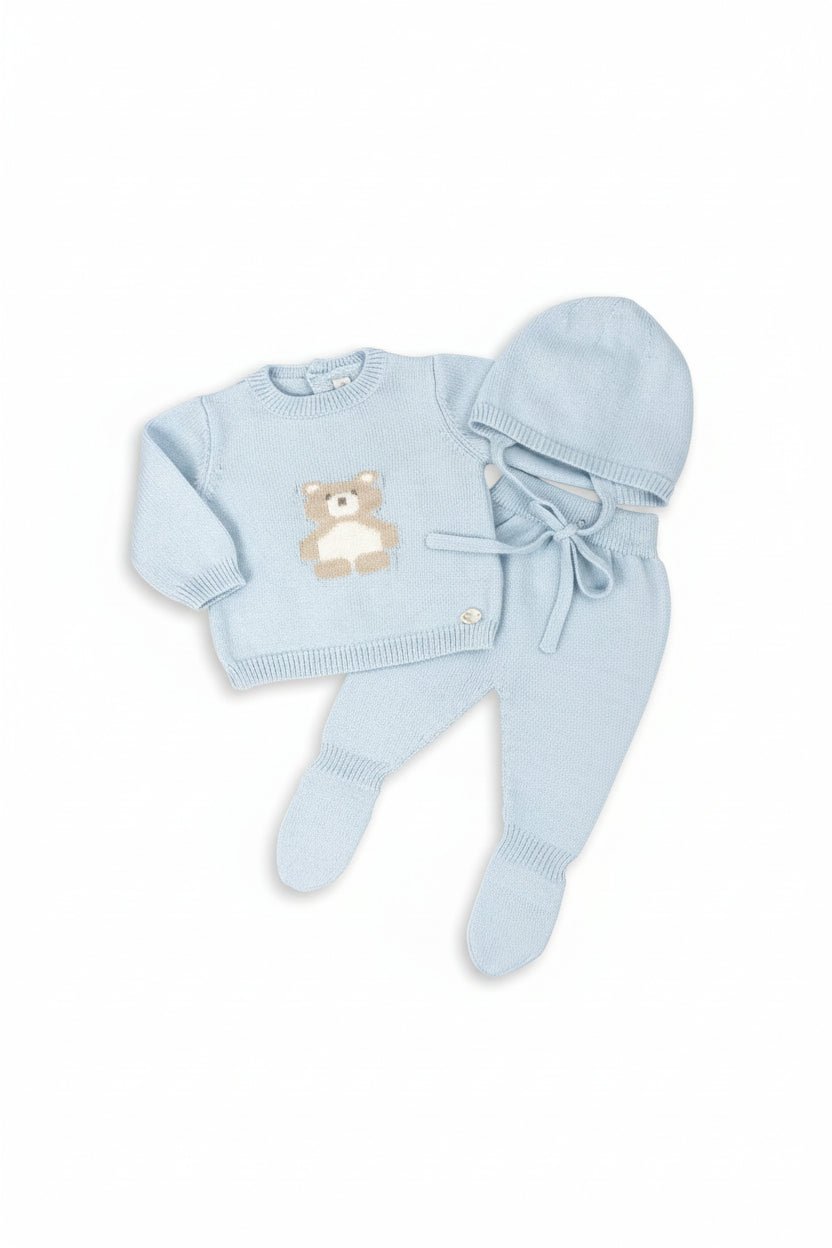 Martín Aranda "Osito" Baby Blue Knitted Bear Top, Leggings & Bonnet - Millie and John