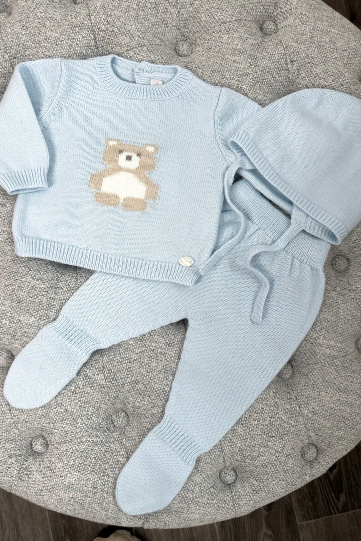 Martín Aranda "Osito" Baby Blue Knitted Bear Top, Leggings & Bonnet - Millie and John