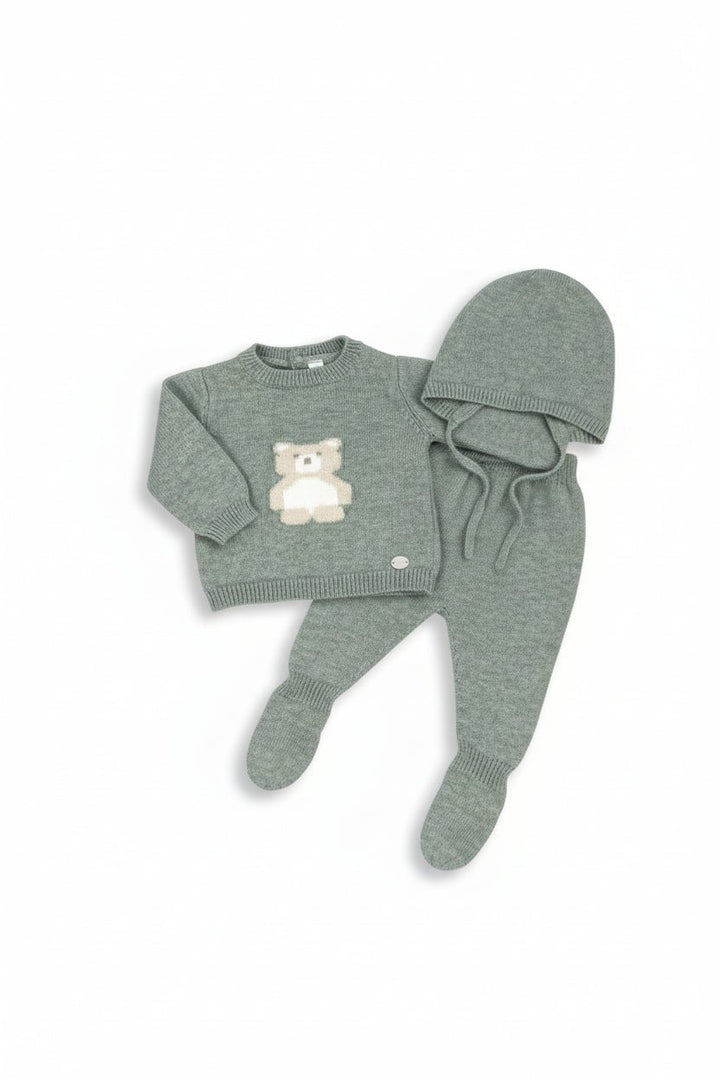 Martín Aranda "Osito" Sage Green Knitted Bear Top, Leggings & Bonnet - Millie and John