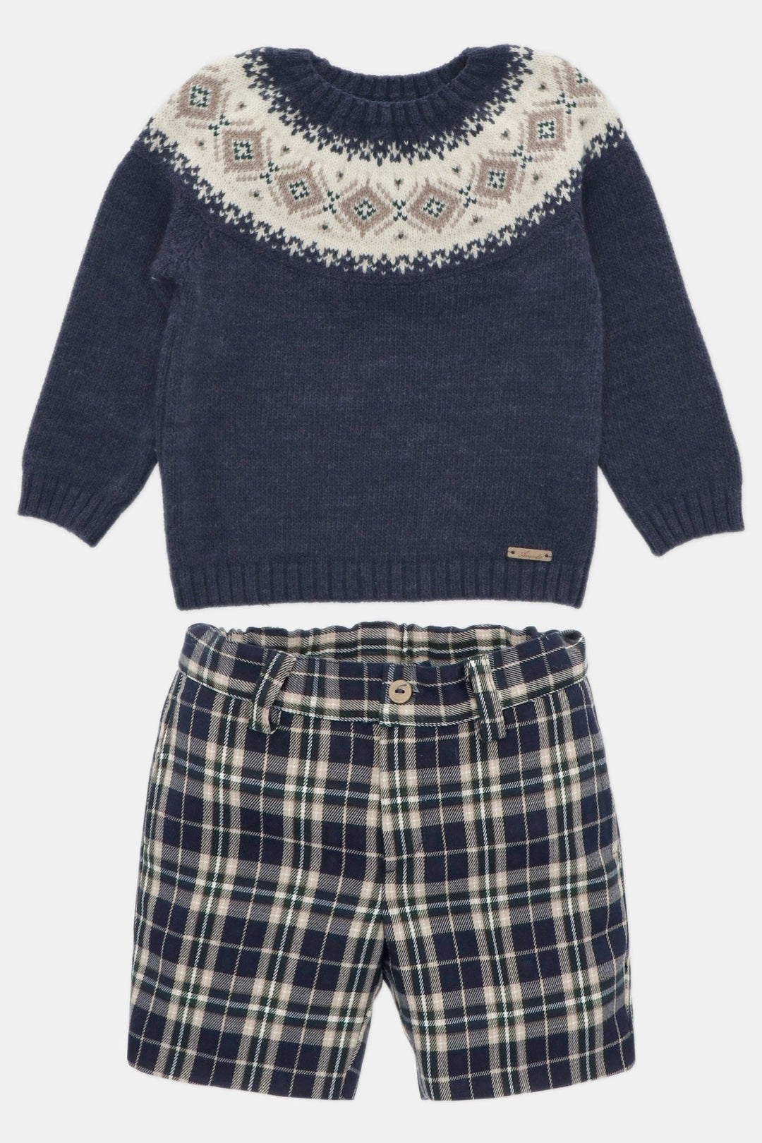 Martín Aranda "Reggie" Navy Fair Isle Jumper & Tartan Shorts - Millie and John
