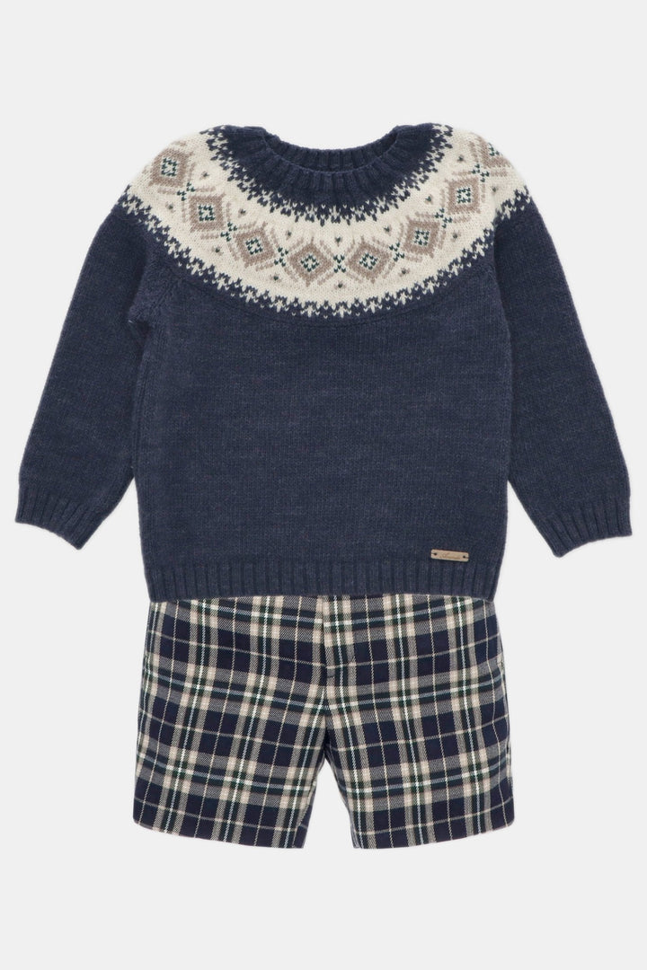 Martín Aranda "Reggie" Navy Fair Isle Jumper & Tartan Shorts - Millie and John