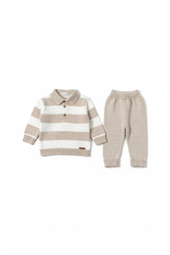 Martín Aranda "Renzo" Beige & Ivory Striped Knit Polo Top & Trousers - Millie and John