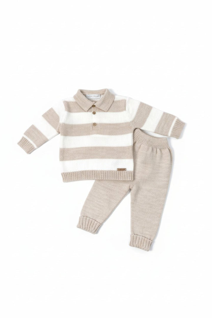 Martín Aranda "Renzo" Beige & Ivory Striped Knit Polo Top & Trousers - Millie and John