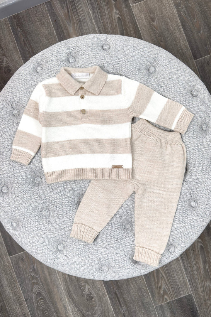 Martín Aranda "Renzo" Beige & Ivory Striped Knit Polo Top & Trousers - Millie and John