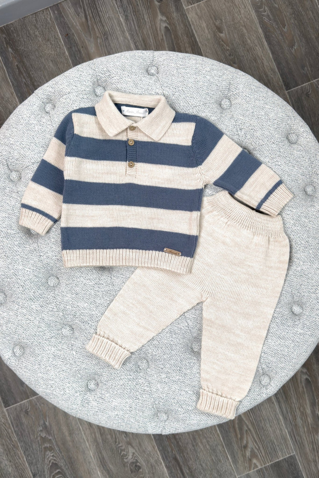 Martín Aranda "Renzo" Dusky Blue & Beige Striped Knit Polo Top & Trousers - Millie and John