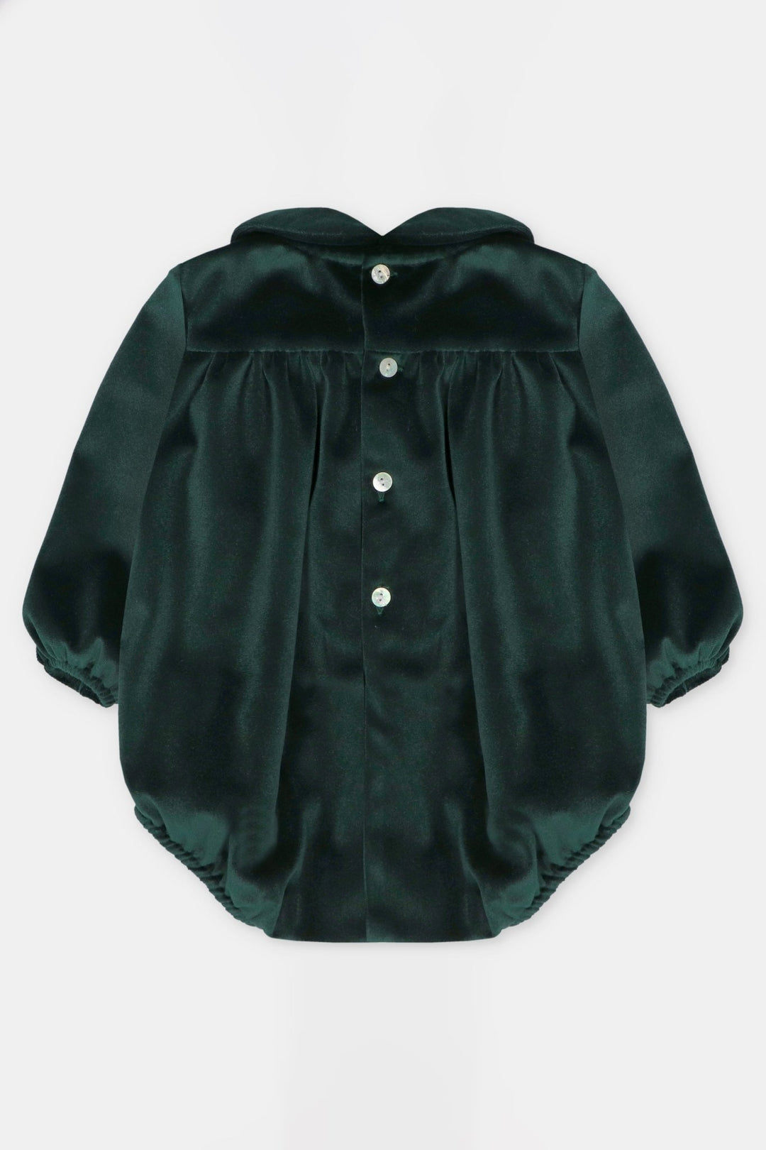 Martín Aranda "Robin" Bottle Green Velvet Smocked Romper - Millie and John