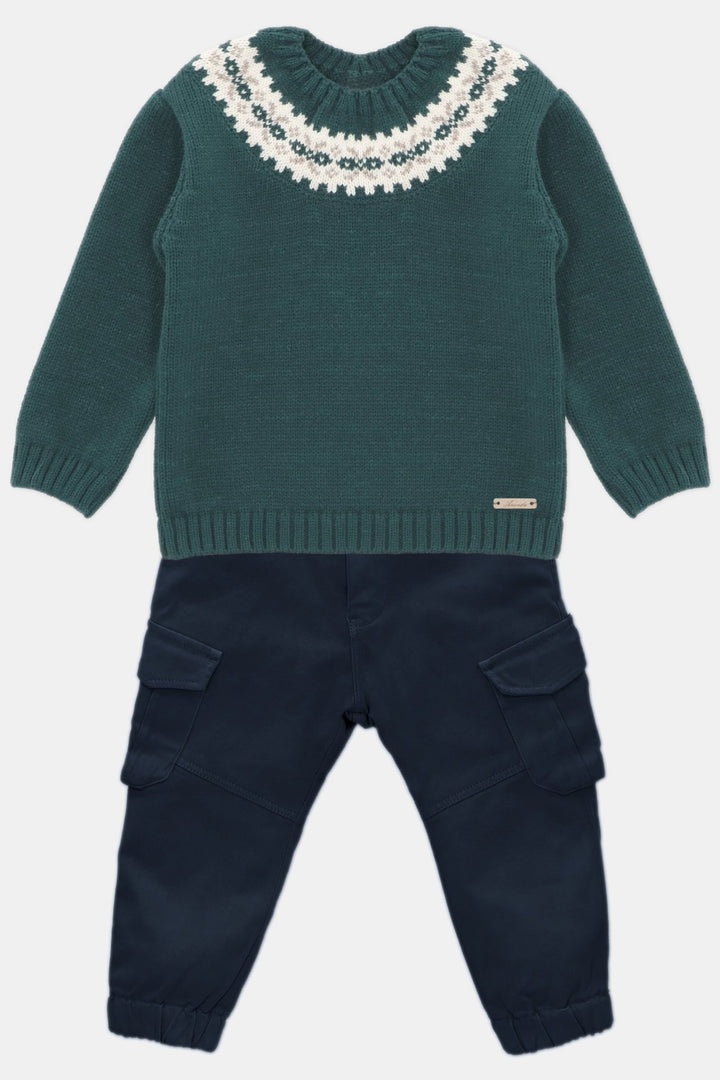 Martín Aranda "Ronnie" Bottle Green Fair Isle Jumper & Cargo Trousers - Millie and John