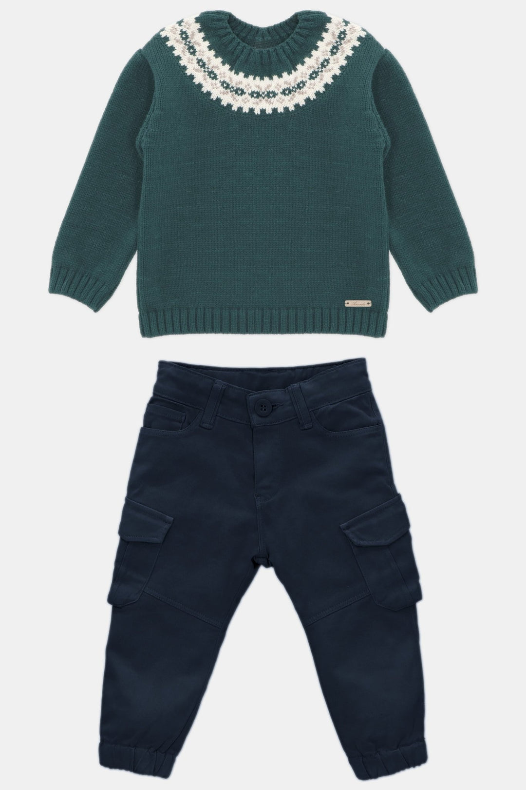 Martín Aranda "Ronnie" Bottle Green Fair Isle Jumper & Cargo Trousers - Millie and John