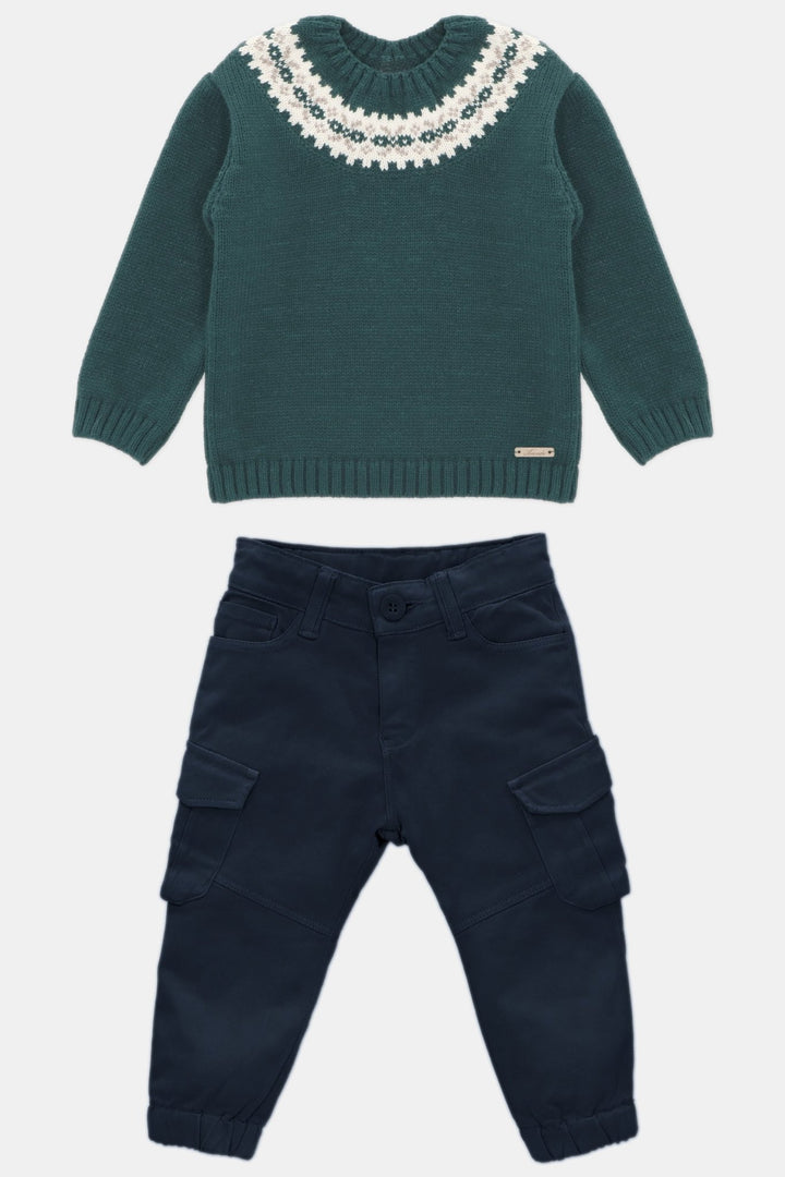 Martín Aranda "Ronnie" Bottle Green Fair Isle Jumper & Cargo Trousers - Millie and John