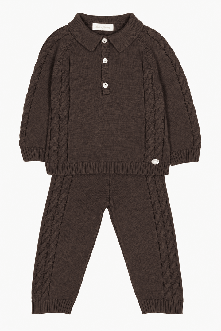 Martín Aranda "Theodore" Chocolate Brown Cable Knit Polo Shirt &amp; Trousers - Millie and John