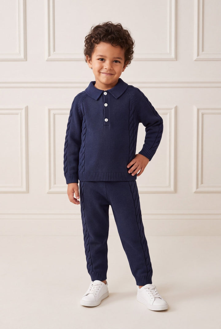 Martín Aranda "Theodore" Navy Cable Knit Polo Shirt &amp; Trousers - Millie and John