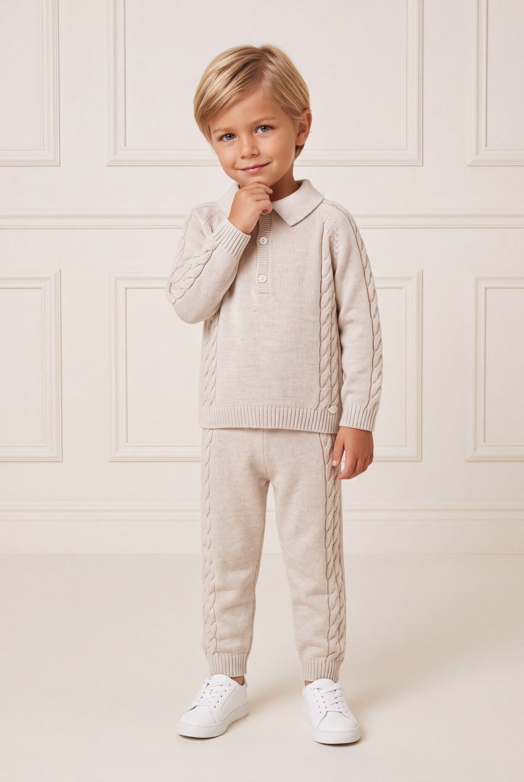 Martín Aranda "Theodore" Oatmeal Cable Knit Polo Shirt & Trousers - Millie and John