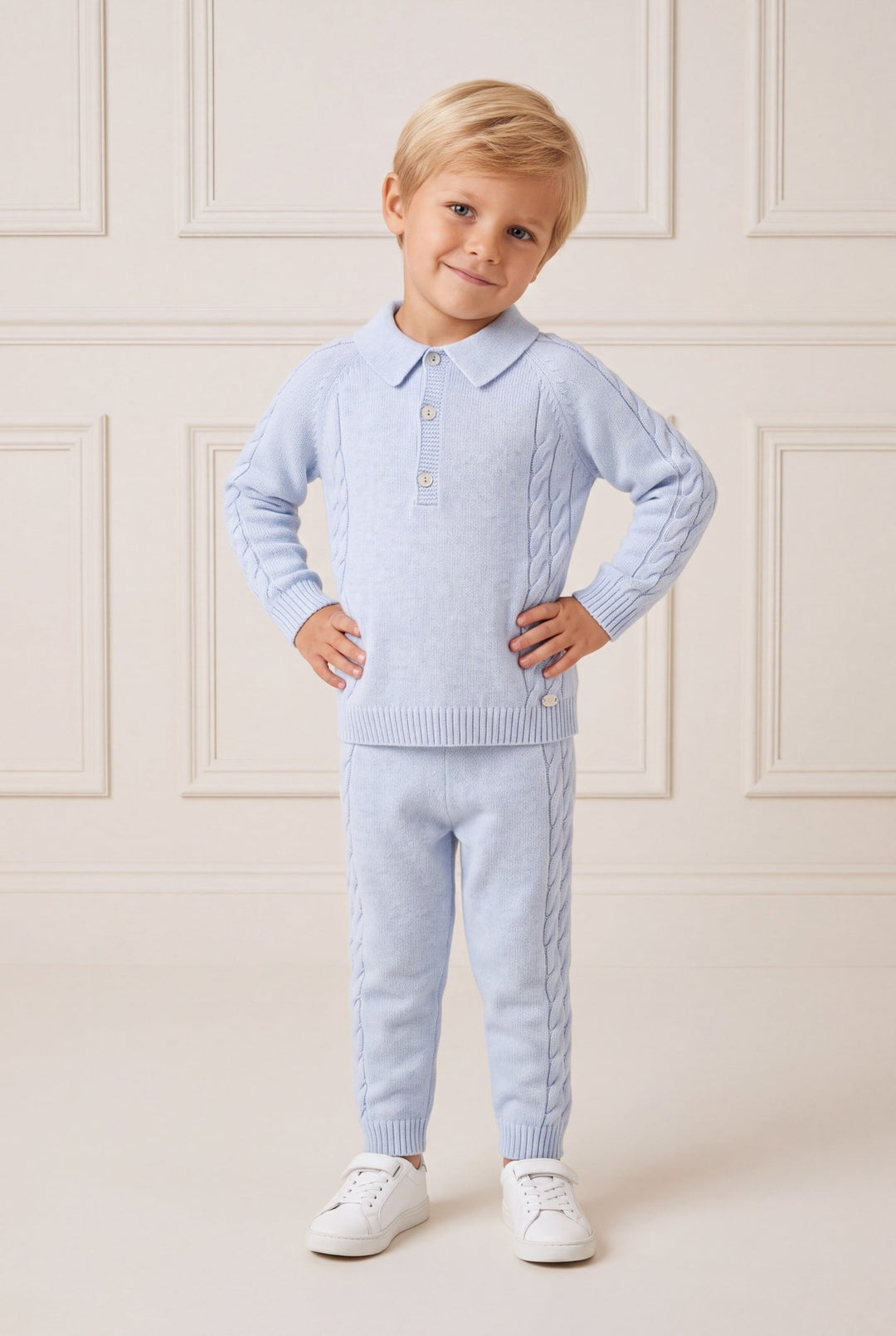 Martín Aranda "Theodore" Powder Blue Cable Knit Polo Shirt & Trousers - Millie and John