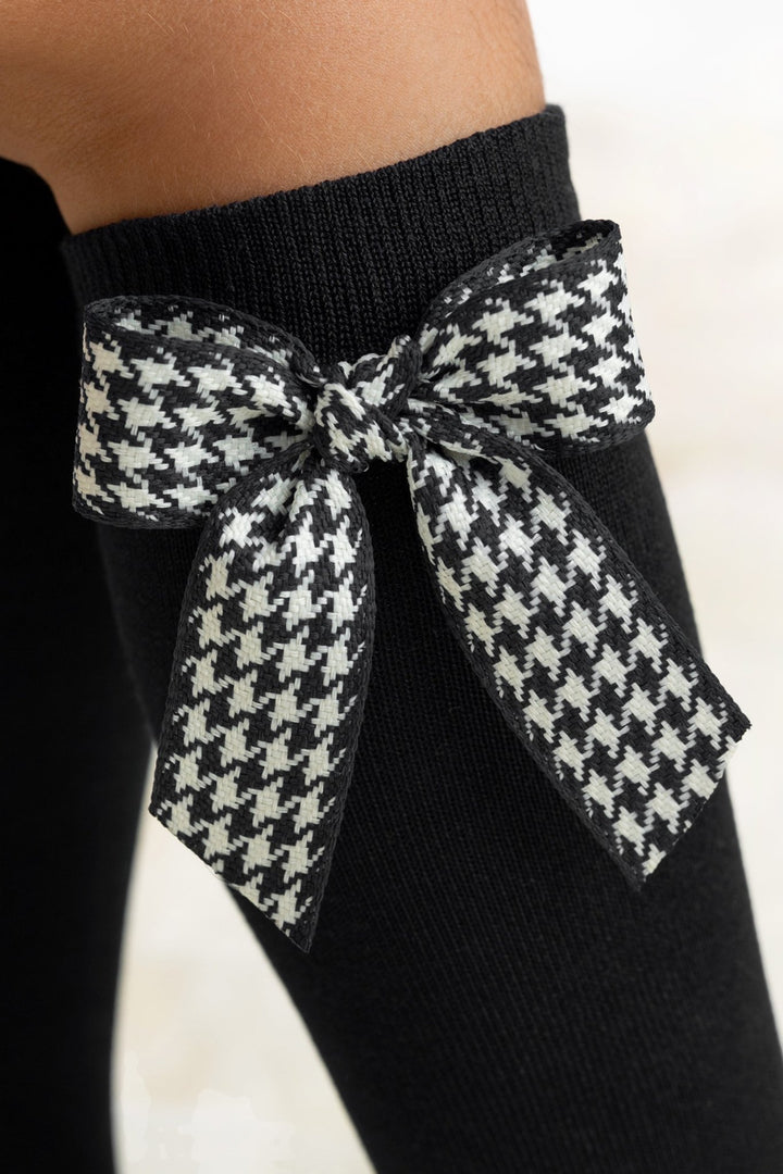 Meia Pata Black Houndstooth Bow Knee High Socks - Millie and John
