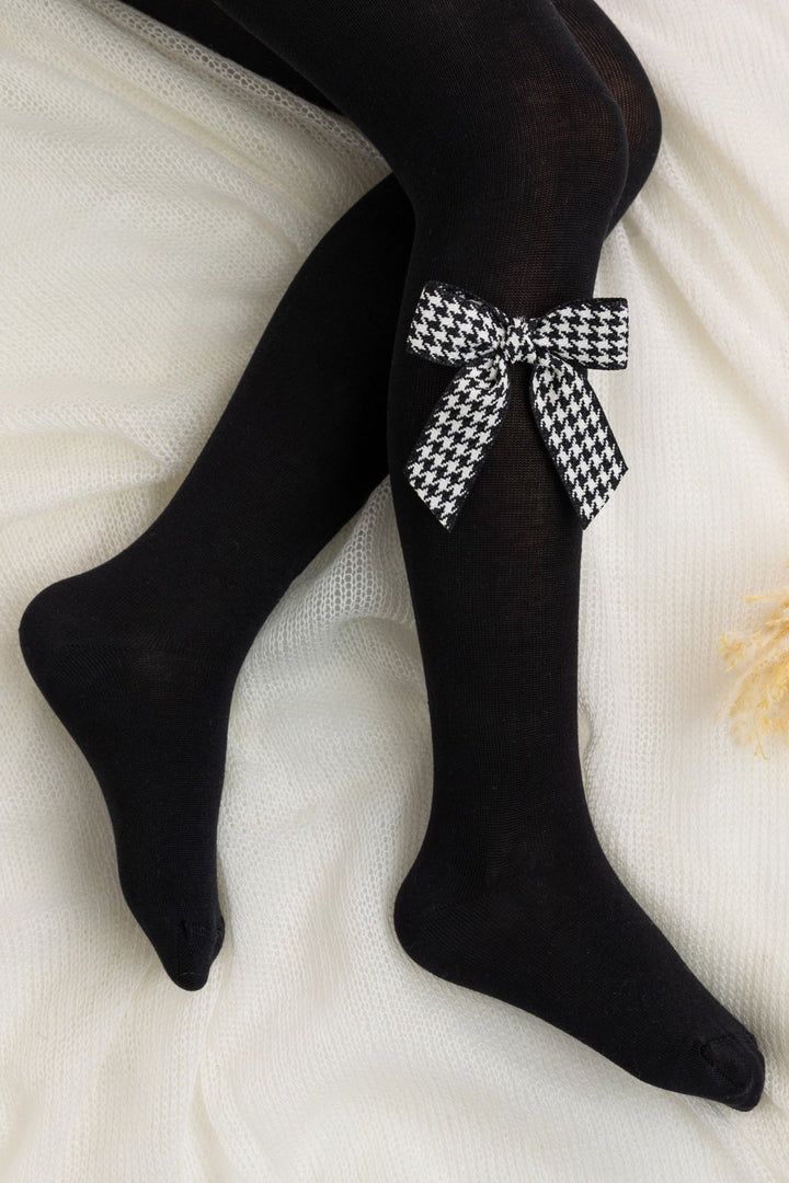 Meia Pata Black Houndstooth Bow Tights - Millie and John