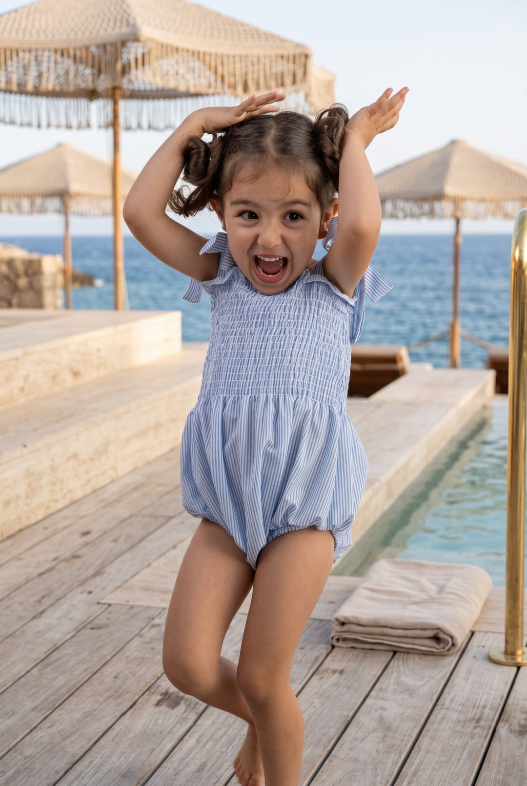 Meia Pata BLUEBERRIES Dusky Blue Striped Cotton Romper - Millie and John