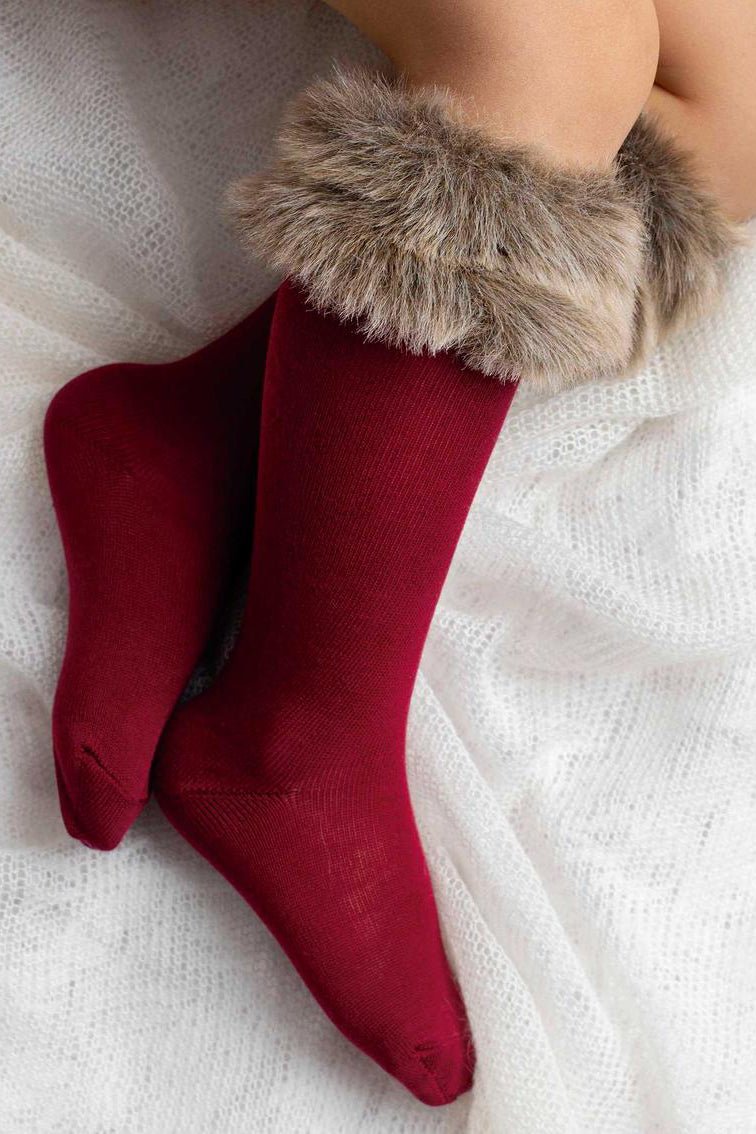 Meia Pata Brown Faux Fur Cuff Knee High Socks - Millie and John