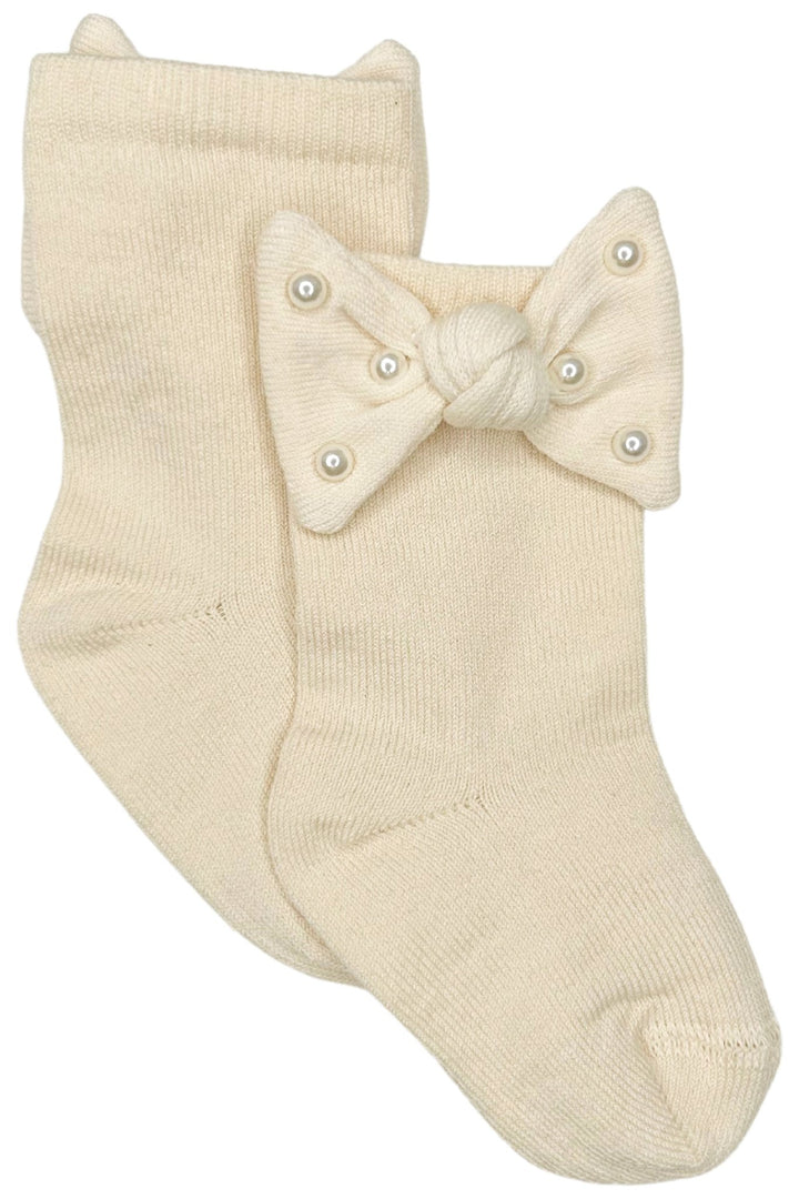 Meia Pata Cream Pearl Bow Knee High Socks - Millie and John