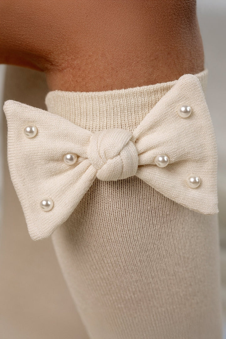 Meia Pata Cream Pearl Bow Knee High Socks - Millie and John