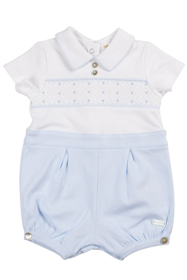 Mintini "Alexander" Baby Blue Smocked Romper - Millie and John