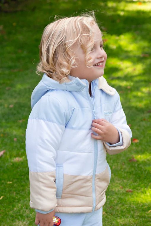 Mintini Baby Baby Blue, White & Beige Colour Block Coat - Millie and John