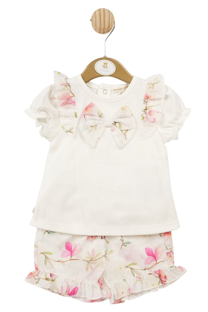 Mintini Baby "Evangeline" White & Pink Floral Top & Shorts - Millie and John