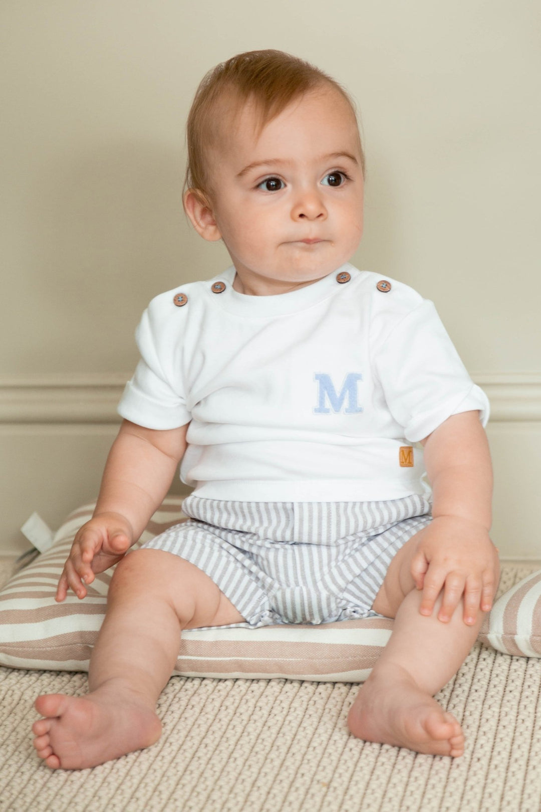 Mintini "Caleb" White & Grey Striped Romper - Millie and John
