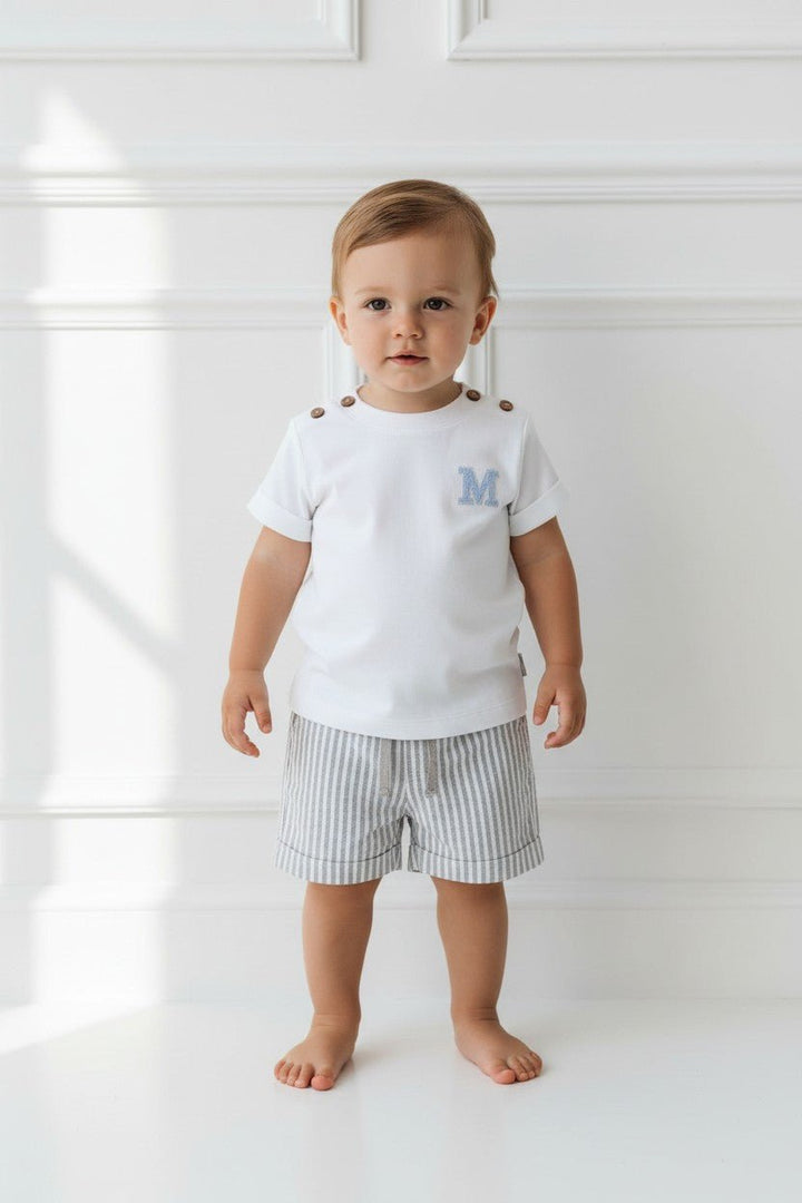 Mintini "Cameron" White &amp; Grey Striped T-Shirt &amp; Shorts - Millie and John