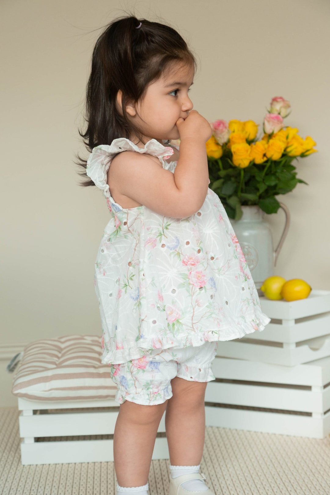 Mintini "Mila" Ivory & Pink Floral Broderie Anglaise Top & Bloomers - Millie and John