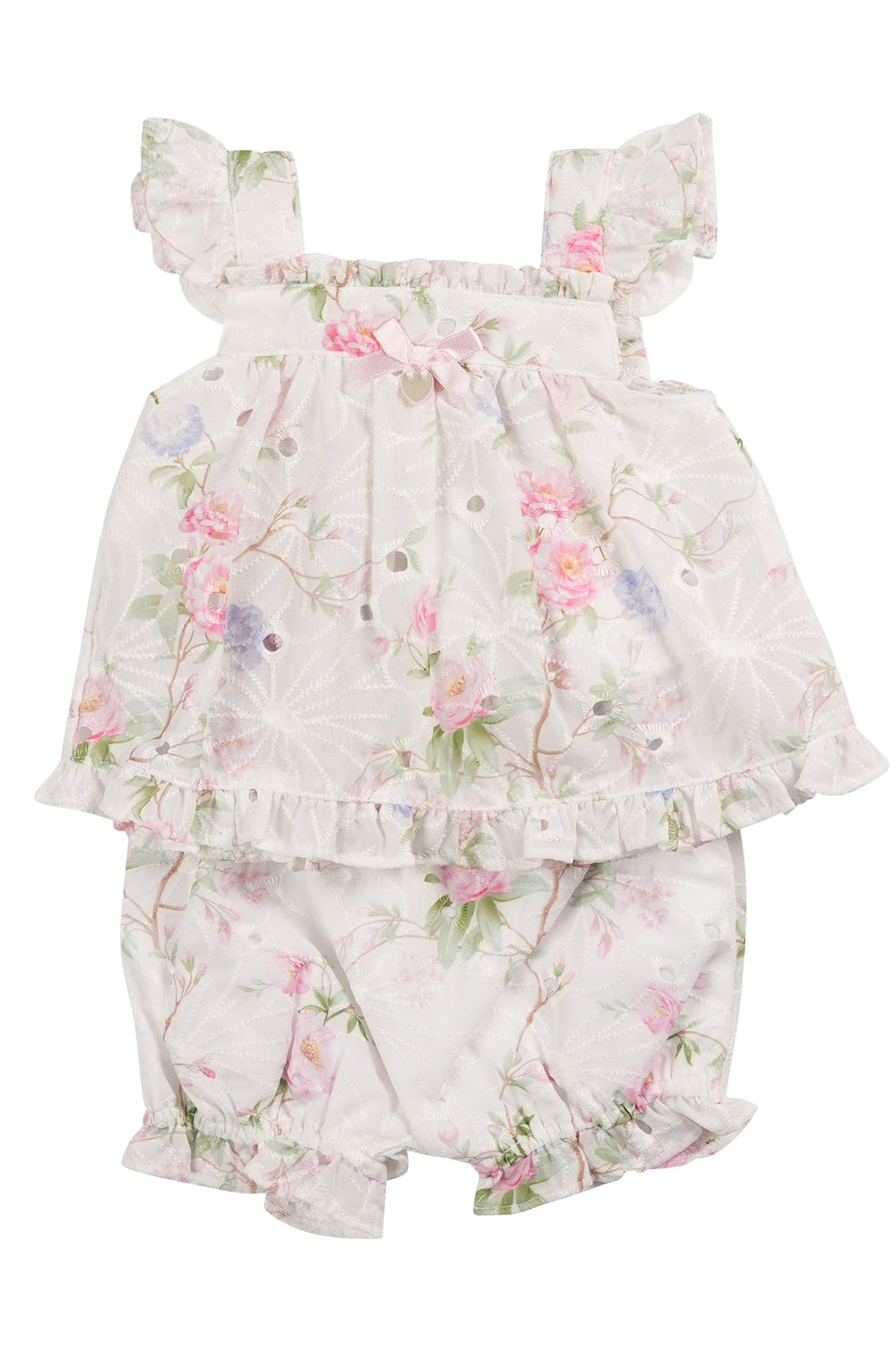 Mintini "Mila" Ivory & Pink Floral Broderie Anglaise Top & Bloomers - Millie and John