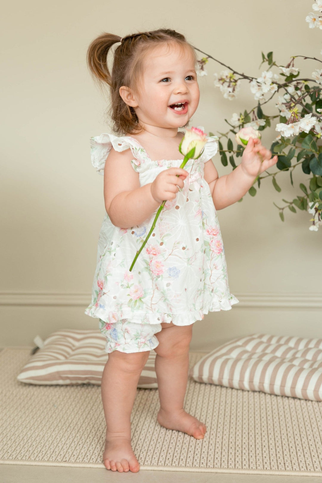 Mintini "Mila" Ivory & Pink Floral Broderie Anglaise Top & Bloomers - Millie and John
