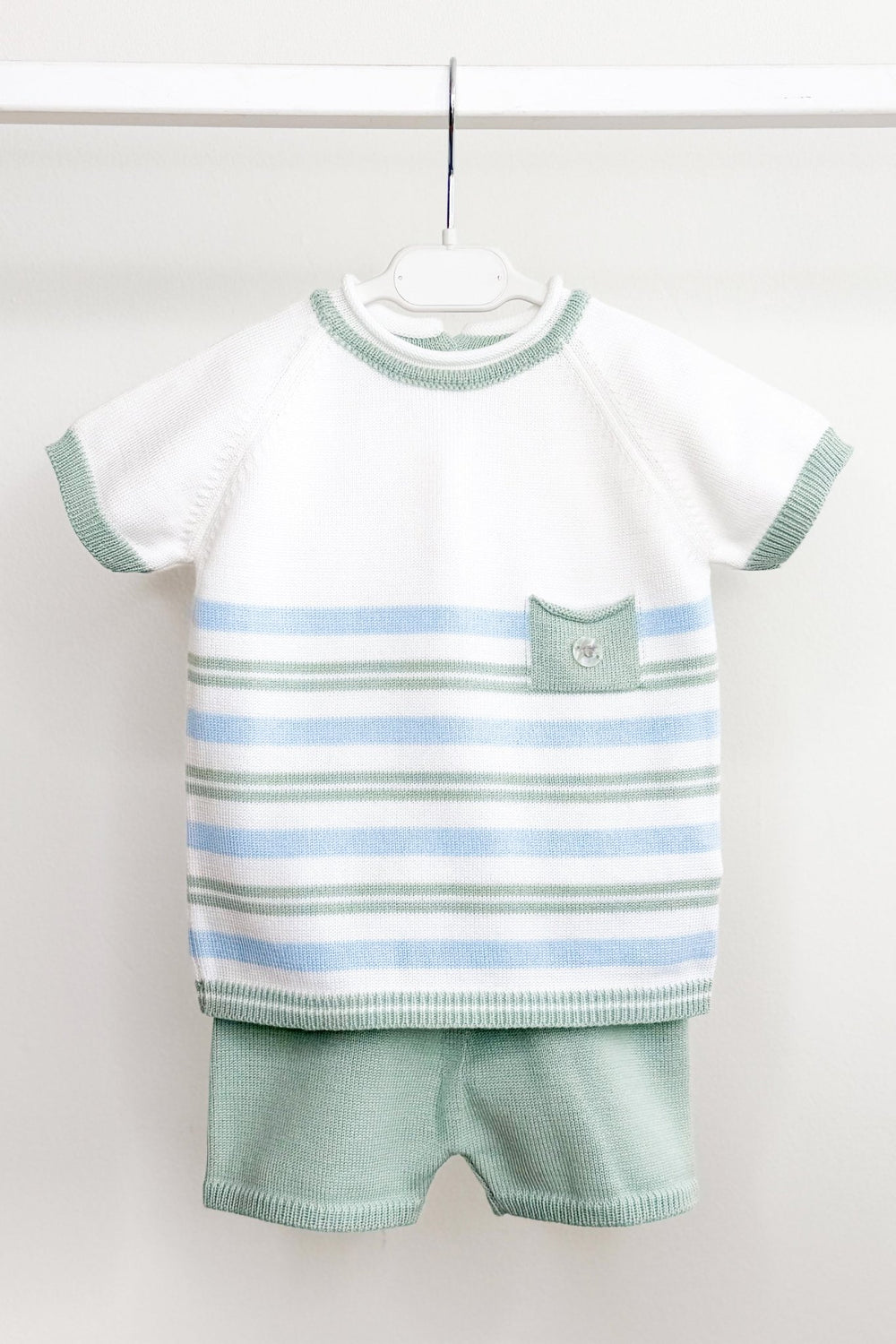 M&J x Granlei "Albie" Sage Green & Blue Stripe Knit T-Shirt & Shorts - Millie and John