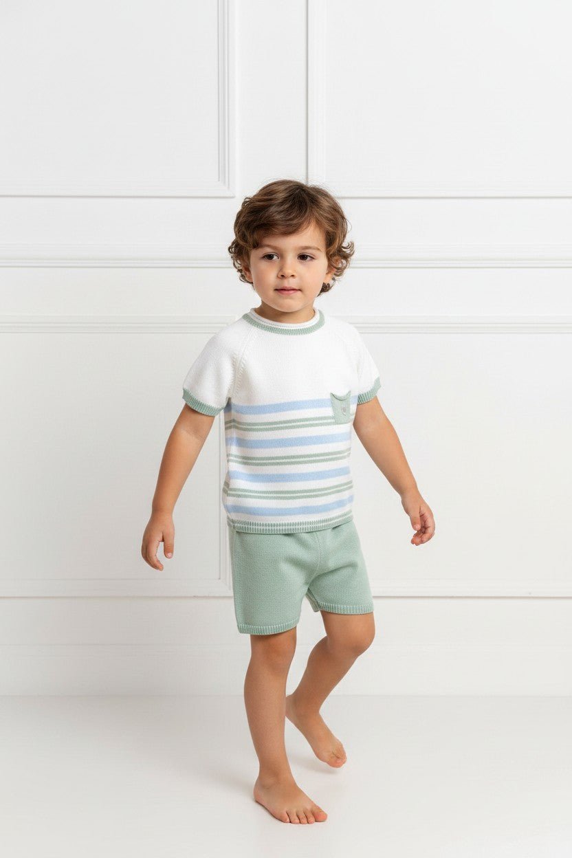 M&J x Granlei "Albie" Sage Green & Blue Stripe Knit T-Shirt & Shorts - Millie and John