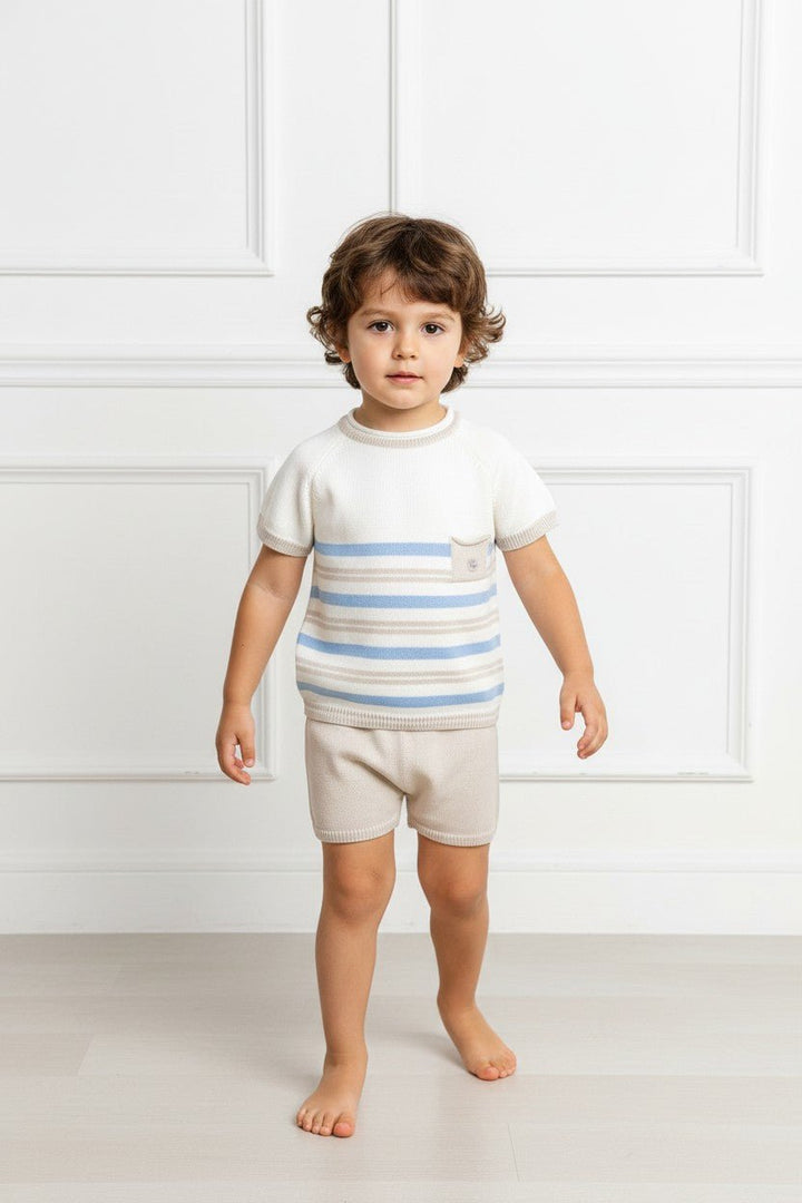 M&amp;J x Granlei "Albie" Stone &amp; Blue Stripe Knit T-Shirt &amp; Shorts - Millie and John